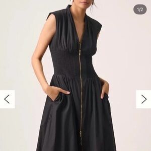 Anthropologie Black Zip-Front Smocked-Waist Midi Dress
